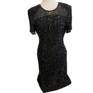 NWT Vintage Principles Black Cocktail Dress Silk Sequin Short Sleeve Sheer Back